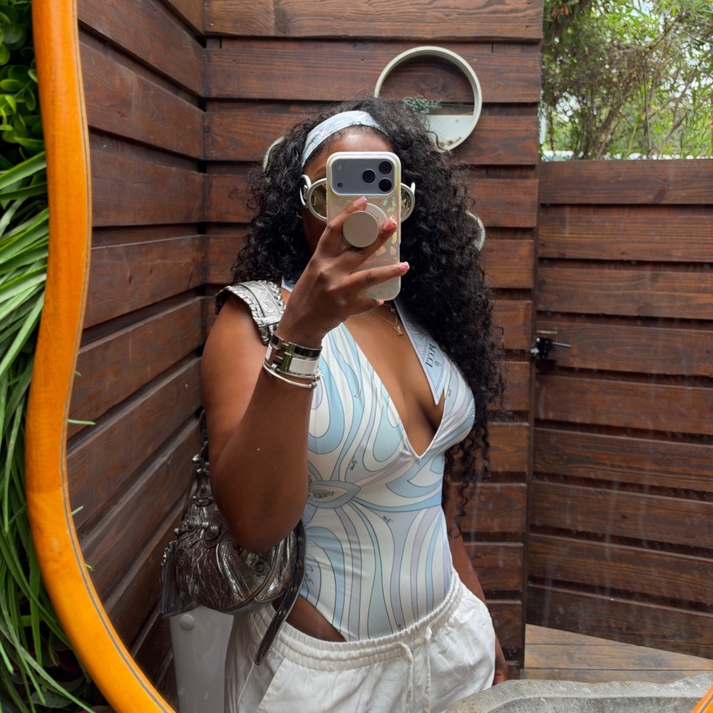 Emilio Pucci Light Blue and White Swirl One-Piece Swim & Bandeau Set